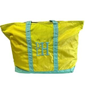 L.L. Bean large Nylon tote bag embroidered DLH on front green & blue Rare